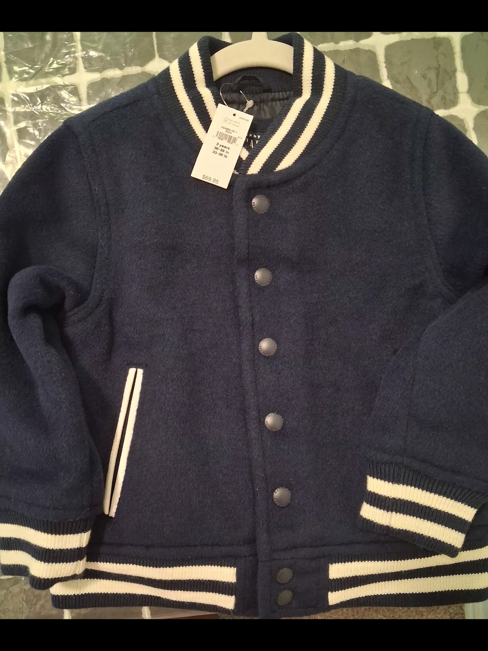 GAP Navy Wool Varsity Jacket with White Stripes